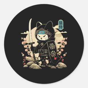 Pegatina Redonda Tattoo Kawaii Ninja Cat _1 de Samurai Japonés