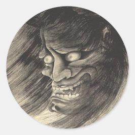 Pegatina Redonda Tatuaje clásico de cabeza de demonio japonés vinta