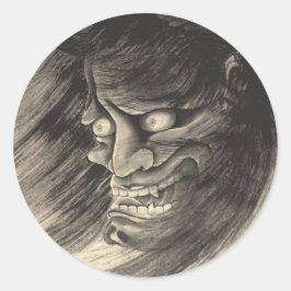 Pegatina Redonda Tatuaje clásico de cabeza de demonio japonés vinta