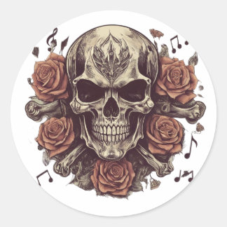 Pegatina Redonda tatuaje con tema de rock y roll con cráneo