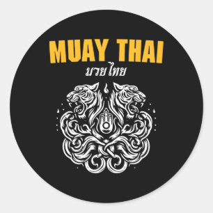 Pegatina Redonda Tatuaje de arte de Muay Thai Sak Yant Tigre gemelo