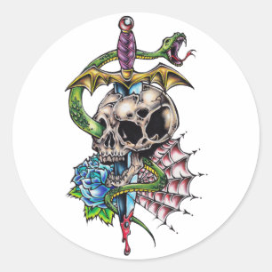Pegatina Redonda Tatuaje de calavera y daga