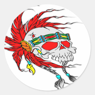 Pegatina Redonda Tatuaje de cráneo indio