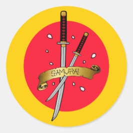 Pegatina Redonda Tatuaje de espadas de Samurai