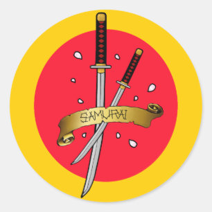 Pegatina Redonda Tatuaje de espadas de Samurai