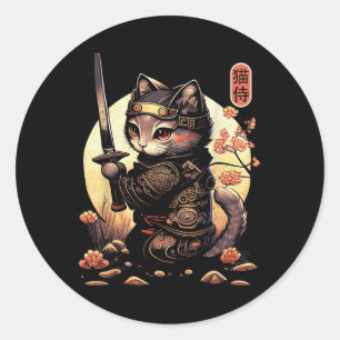 Pegatina Redonda Tatuaje de gato samurai japonés, gato Kawaii Ninja