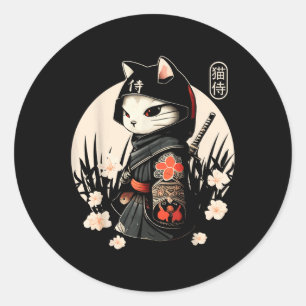 Pegatina Redonda Tatuaje de gato samurai japonés, gato Kawaii Ninja