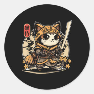 Pegatina Redonda Tatuaje de gato samurai japonés, gato Kawaii Ninja