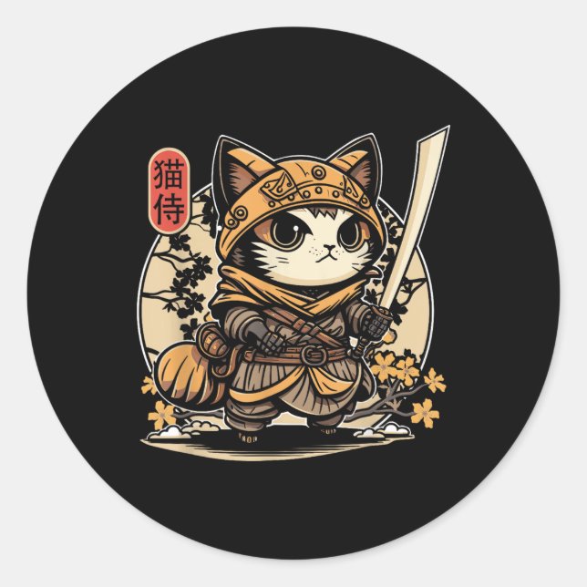 Pegatina Redonda Tatuaje de gato samurai japonés, gato Kawaii Ninja (Anverso)