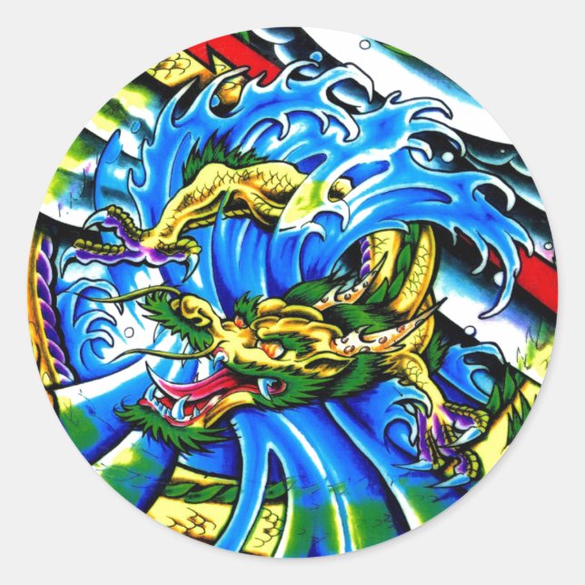 Pegatina Redonda Tatuaje de Guay Oriental Dragon (Anverso)