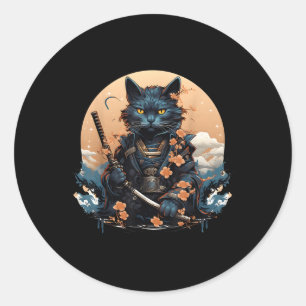Pegatina Redonda Tatuaje de la camiseta de un gato samurai japonés 