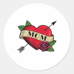 Pegatina Redonda Tatuaje de mamá del corazón _1