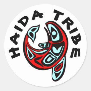 Pegatina Redonda Tatuaje de orca tribal nativa Haida, ballena asesi