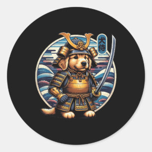 Pegatina Redonda Tatuaje de perro de Samurai japonés, recuperador d