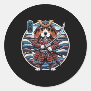 Pegatina Redonda Tatuaje de perro samurai japonés, Beagle Kawaii Ni
