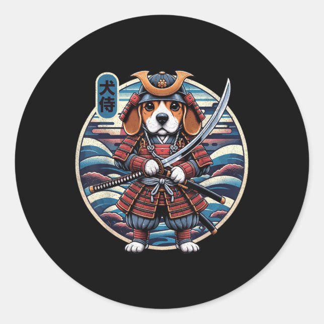 Pegatina Redonda Tatuaje de perro samurai japonés, Beagle Kawaii Ni (Anverso)