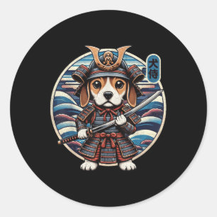 Pegatina Redonda Tatuaje de perro samurai japonés, Beagle Kawaii Ni