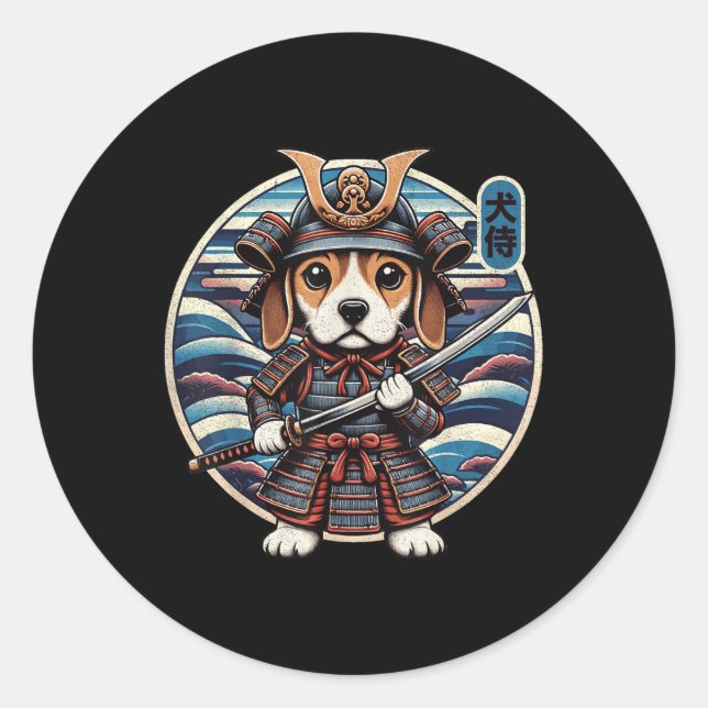 Pegatina Redonda Tatuaje de perro samurai japonés, Beagle Kawaii Ni (Anverso)