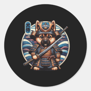 Pegatina Redonda Tatuaje de perro samurai japonés, pastor alemán Ka