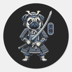 Pegatina Redonda Tatuaje de perro samurai japonés, perro pug Kawaii