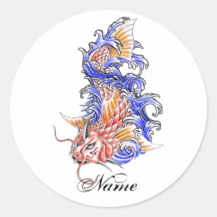 Pegatina Redonda Tatuaje de pescado de Koi Rojo Oriental Oriental p