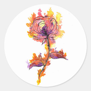 Pegatina Redonda Tatuaje de Rosa Ardiente