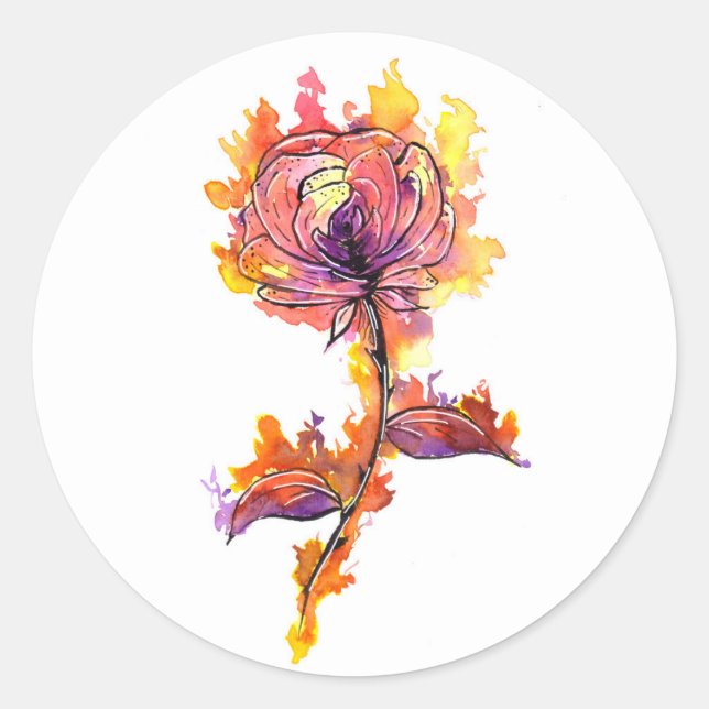 Pegatina Redonda Tatuaje de Rosa Ardiente (Anverso)