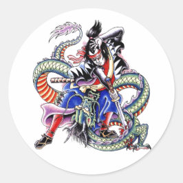 Pegatina Redonda Tatuaje del dragón de la lucha de Samurai en Japón