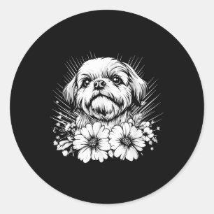 Pegatina Redonda Tatuaje estilo retro de Shih Tzu Perg Lover