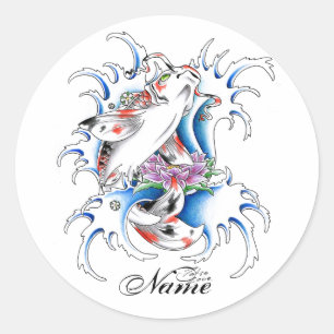 Pegatina Redonda Tatuaje oriental fresco del agua de la carpa de
