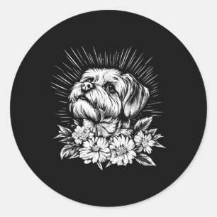 Pegatina Redonda Tatuaje retro estilo Perro maltés amante