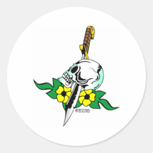 Pegatina Redonda Tatuaje Skool antiguo de Skull y Dagger