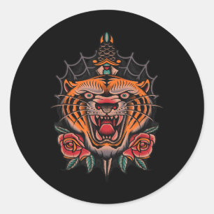 Pegatina Redonda Tatuaje tradicional de tigre de Estados Unidos