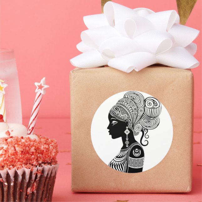 Pegatina Redonda Tatuaje tribal de retrato Chica africano (Fiesta)