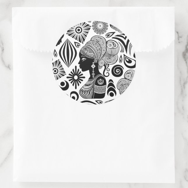 Pegatina Redonda Tatuaje tribal de retrato Chica africano (Bolso)