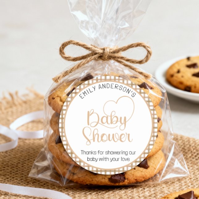 Pegatina Redonda Taupe Gingham Baby Shower Favor Sticker (Baby Shower Favor Sticker)