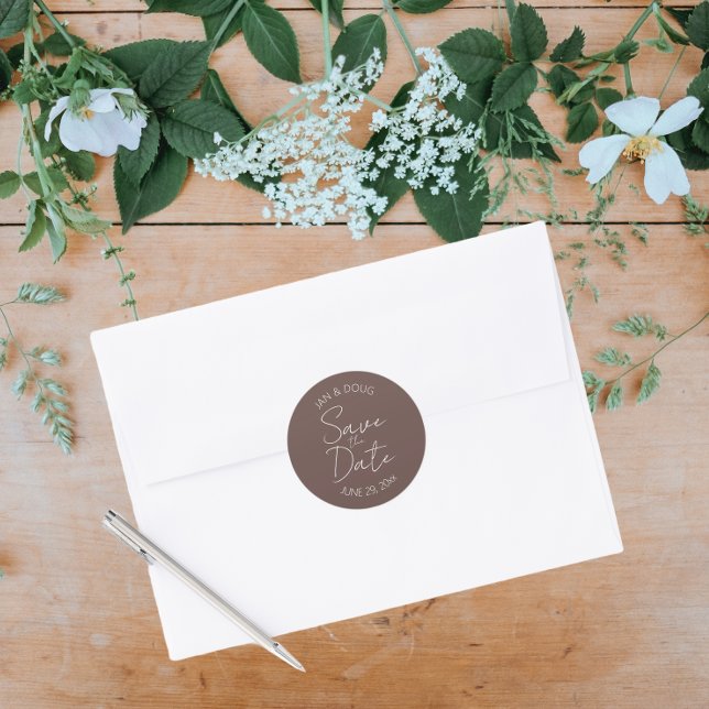 Pegatina Redonda Taupe Stylized Wedding Save the Date (In Situ Wedding)