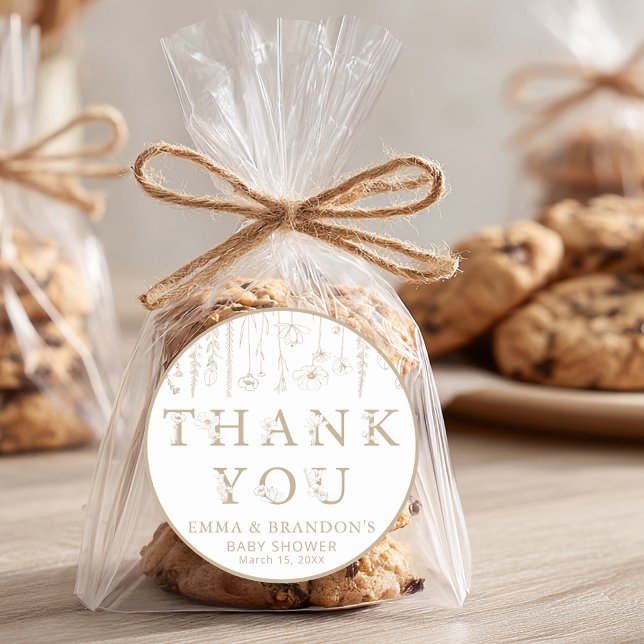 Pegatina Redonda Taupe Wildflower Baby Shower Thank You Stickers (Taupe Thank You Stickers)