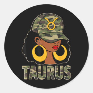 Pegatina Redonda Taurus Queen Black Woman Cap Camoflauge Afro Chica