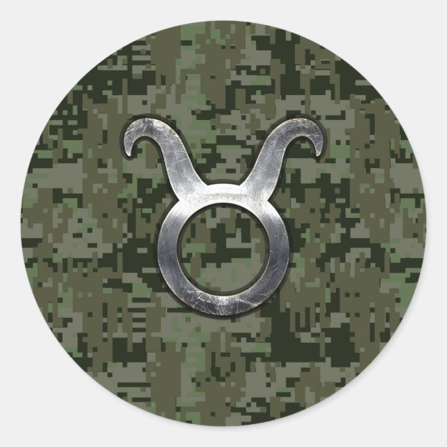 Pegatina Redonda Taurus Sign on Woodland Green Digital Camouflage (Anverso)