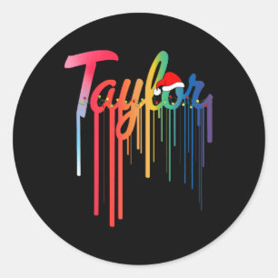 Pegatina Redonda Taylor First Name Santa Hat Colorful Print Taylor