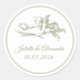 Pegatina Redonda Taza clásica de boda redonda Cupido Olive Toile de