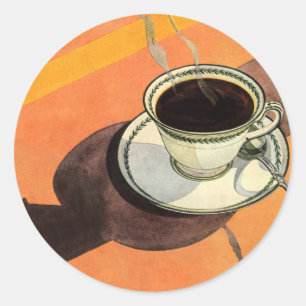 Pegatina Redonda Taza de café antigua, platillo, cuchara, comedor r
