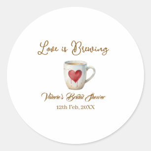 Pegatina Redonda Taza de café blanca Love is Brewing corazón desped