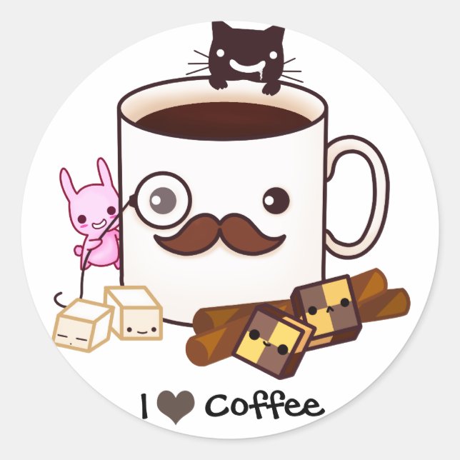 Pegatina Redonda Taza de café con bigote y animales kawaii (Anverso)