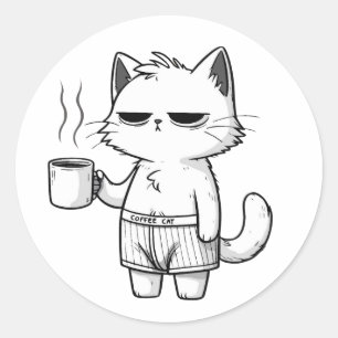 Pegatina Redonda Taza de café con patrón de gato gruñón
