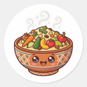 Pegatina Redonda Taza de comida de cuscús marroquí Kawaii linda peg