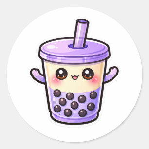 Pegatina Redonda Taza de té de burbujas Kawaii linda