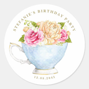 Pegatina Redonda Taza de Té de Rosa Rosa Acuarela Cumpleaños Floral