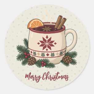 Pegatina Redonda Taza de vino especiado navideño nórdico con pino f